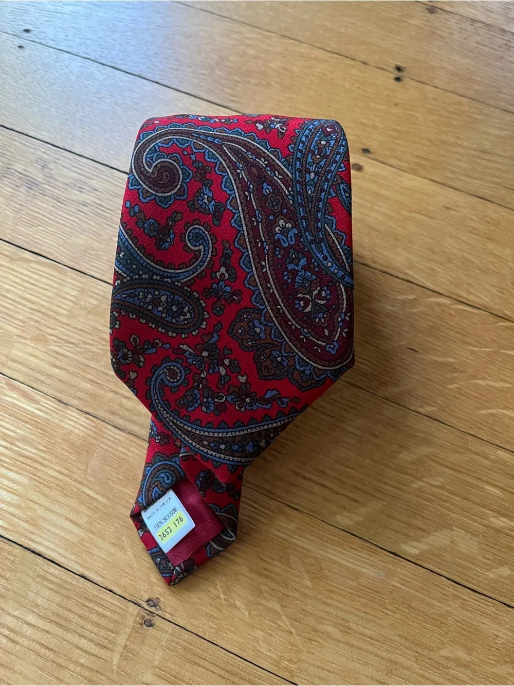 Red Paisley Men's Tie with Blue and Brown Accents